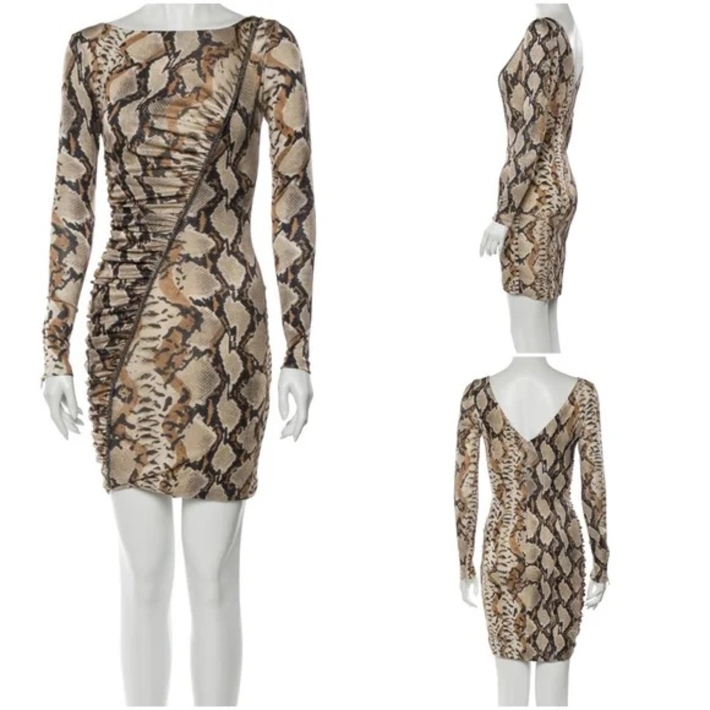 Blumarine Beige and Brown Snake Pattern Long Sleeve Dress